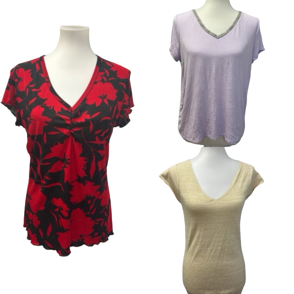 3 Jennifer Lopez Susan Lawrence Womens Large SHort SLeeve VNeck Tops Blouses
